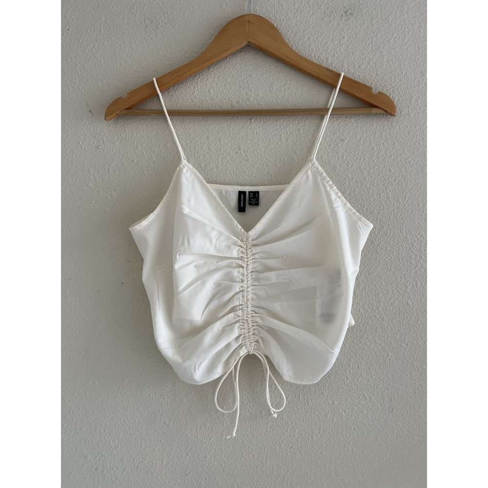 Vero Moda White Sheer Asymmetric Crop Top Drawstring Front Small Vacation